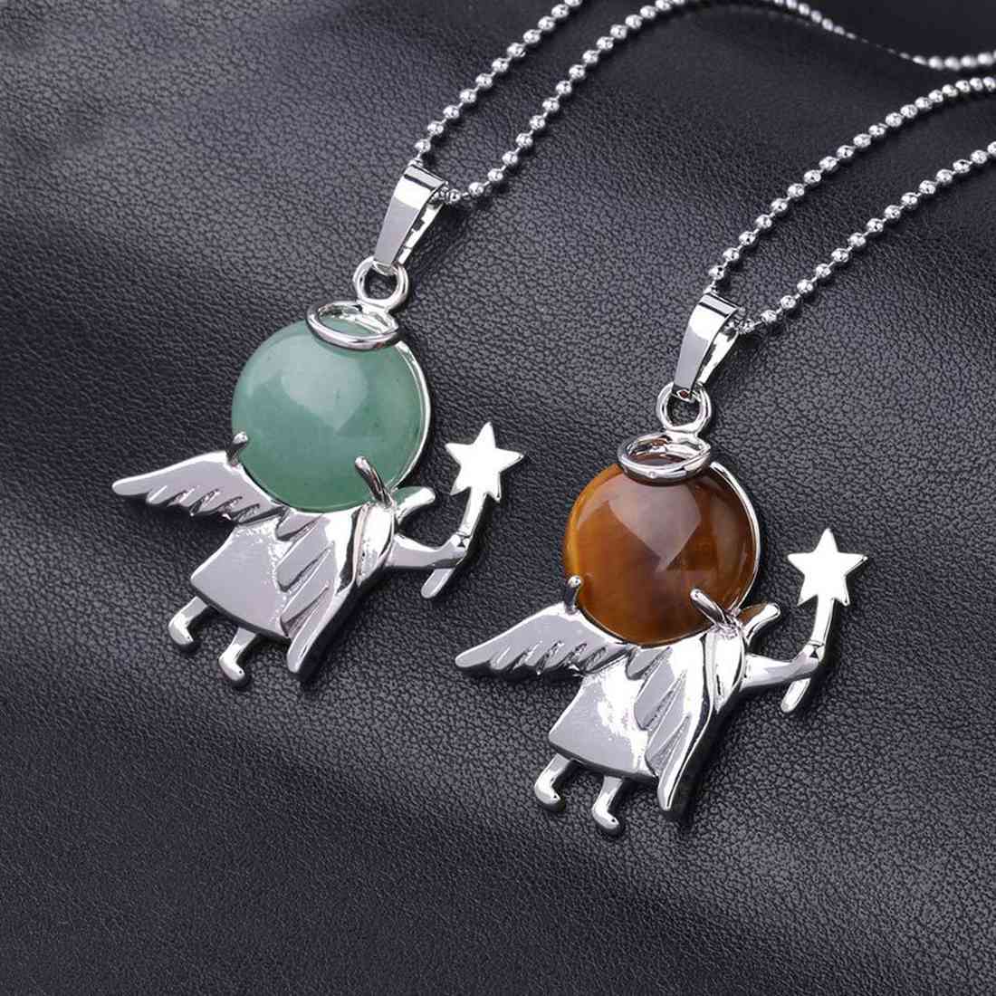 Natural Gemstone Silver Fairy stick Angle Stone Pendant fow women men jewelry necklace