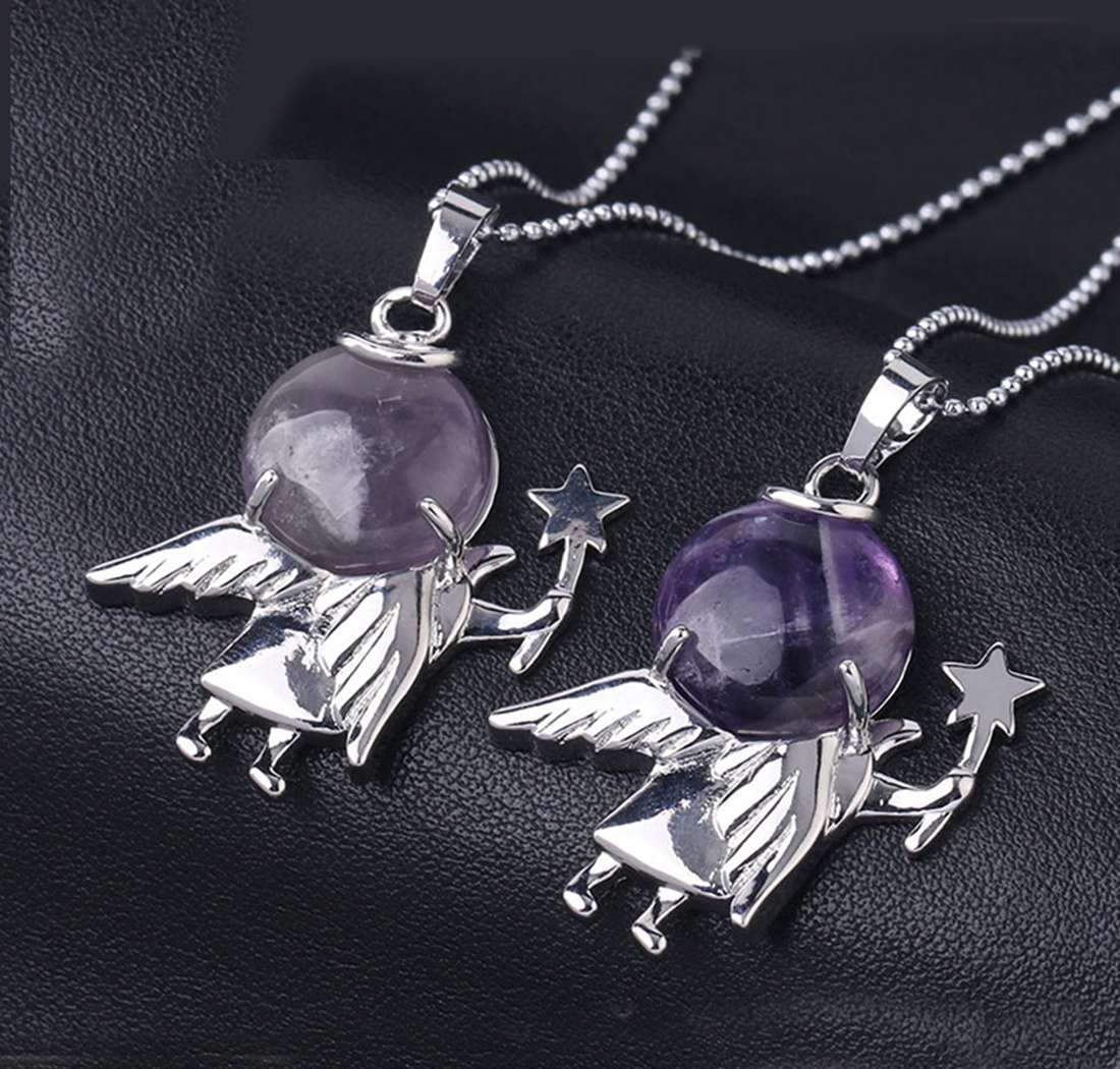Natural Gemstone Silver Fairy stick Angle Stone Pendant fow women men jewelry necklace
