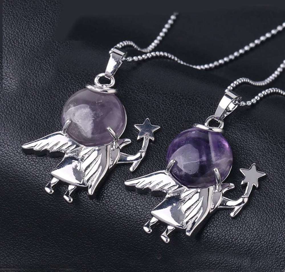 Natural Gemstone Silver Fairy stick Angle Stone Pendant fow women men jewelry necklace