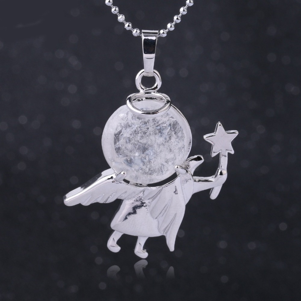 Natural Gemstone Silver Fairy stick Angle Stone Pendant fow women men jewelry necklace