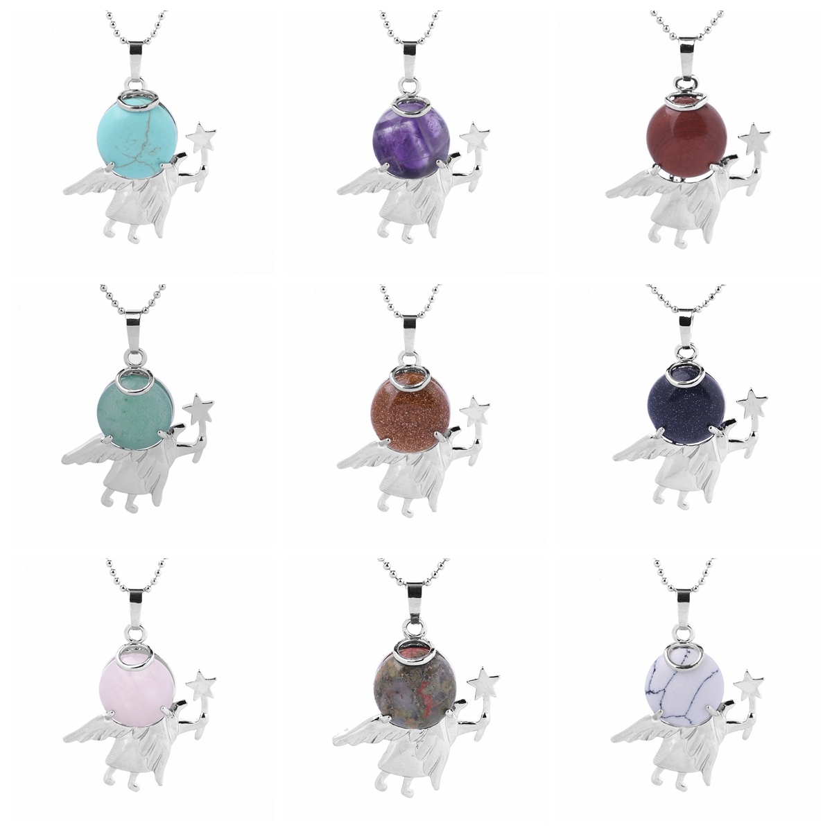 Natural Gemstone Silver Fairy stick Angle Stone Pendant fow women men jewelry necklace