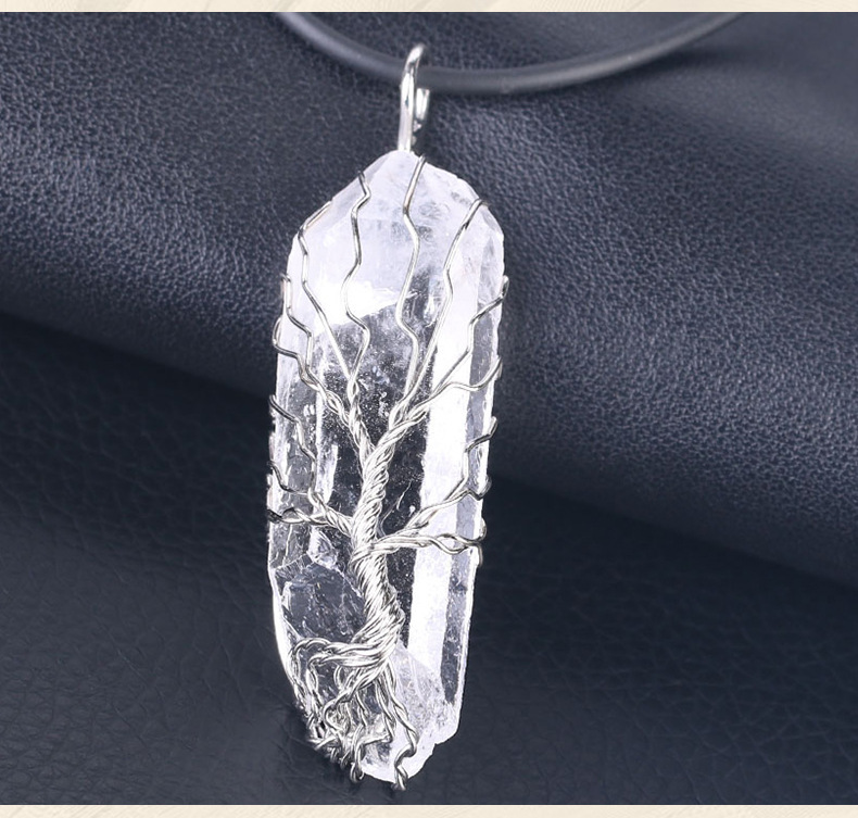 Handmade Tree of life Wrapped Natural Raw  Druzy Crystal Pillar Charm Pendant