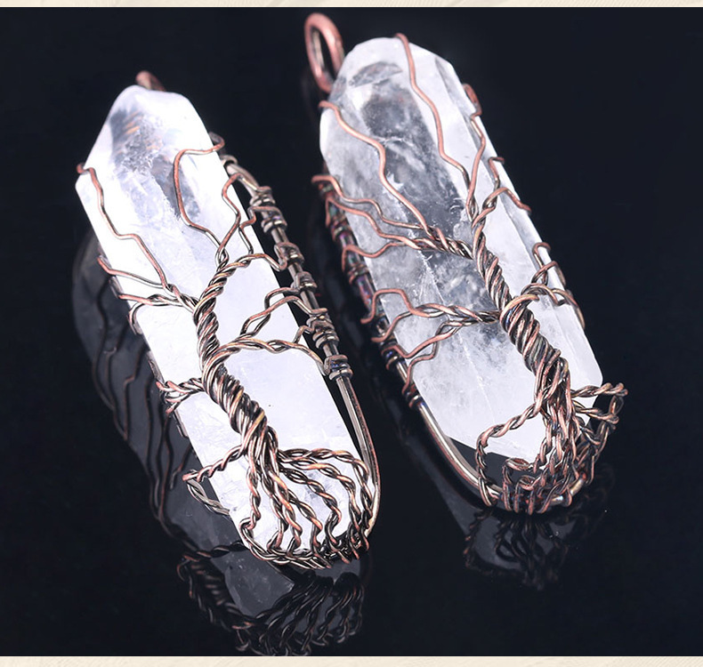 Handmade Tree of life Wrapped Natural Raw  Druzy Crystal Pillar Charm Pendant