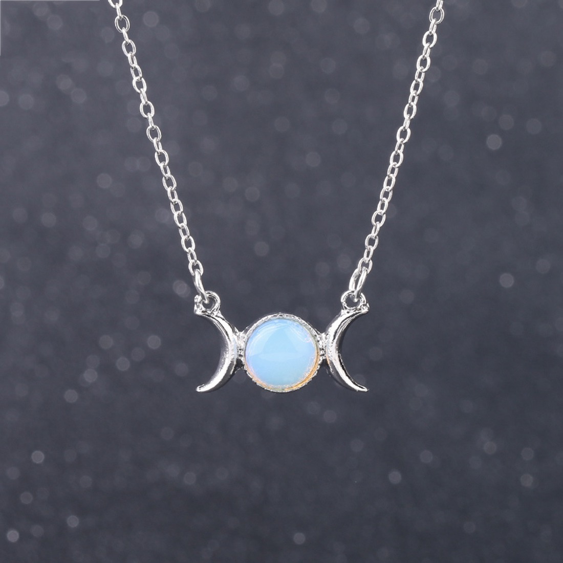 Natural  Crescent Moon Solar Stone Pendant Necklace