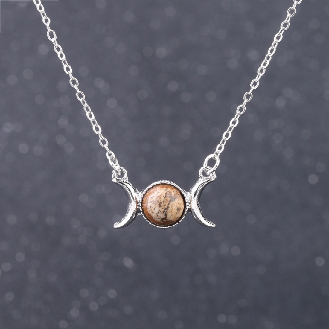 Natural  Crescent Moon Solar Stone Pendant Necklace