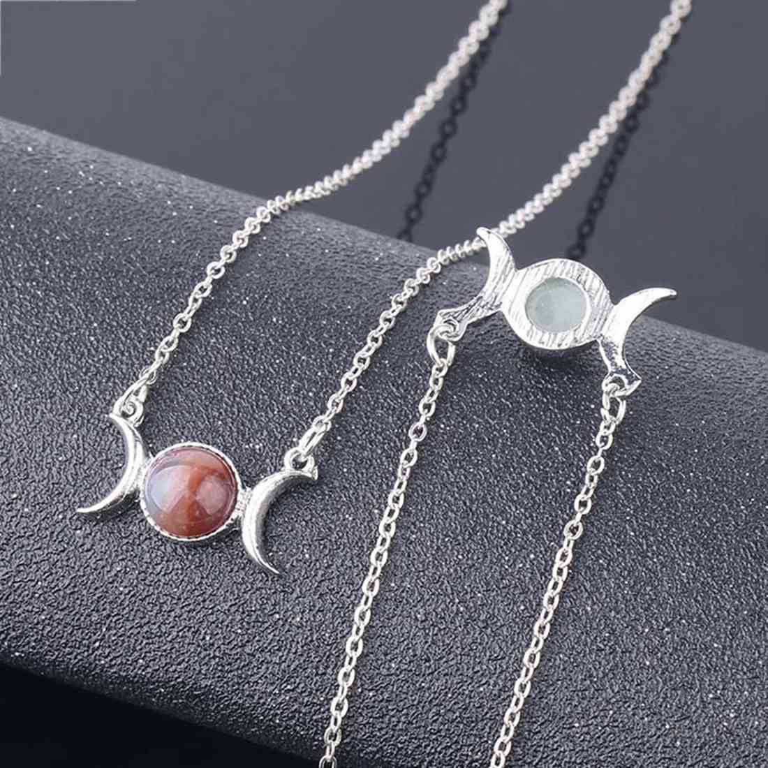 Natural  Crescent Moon Solar Stone Pendant Necklace