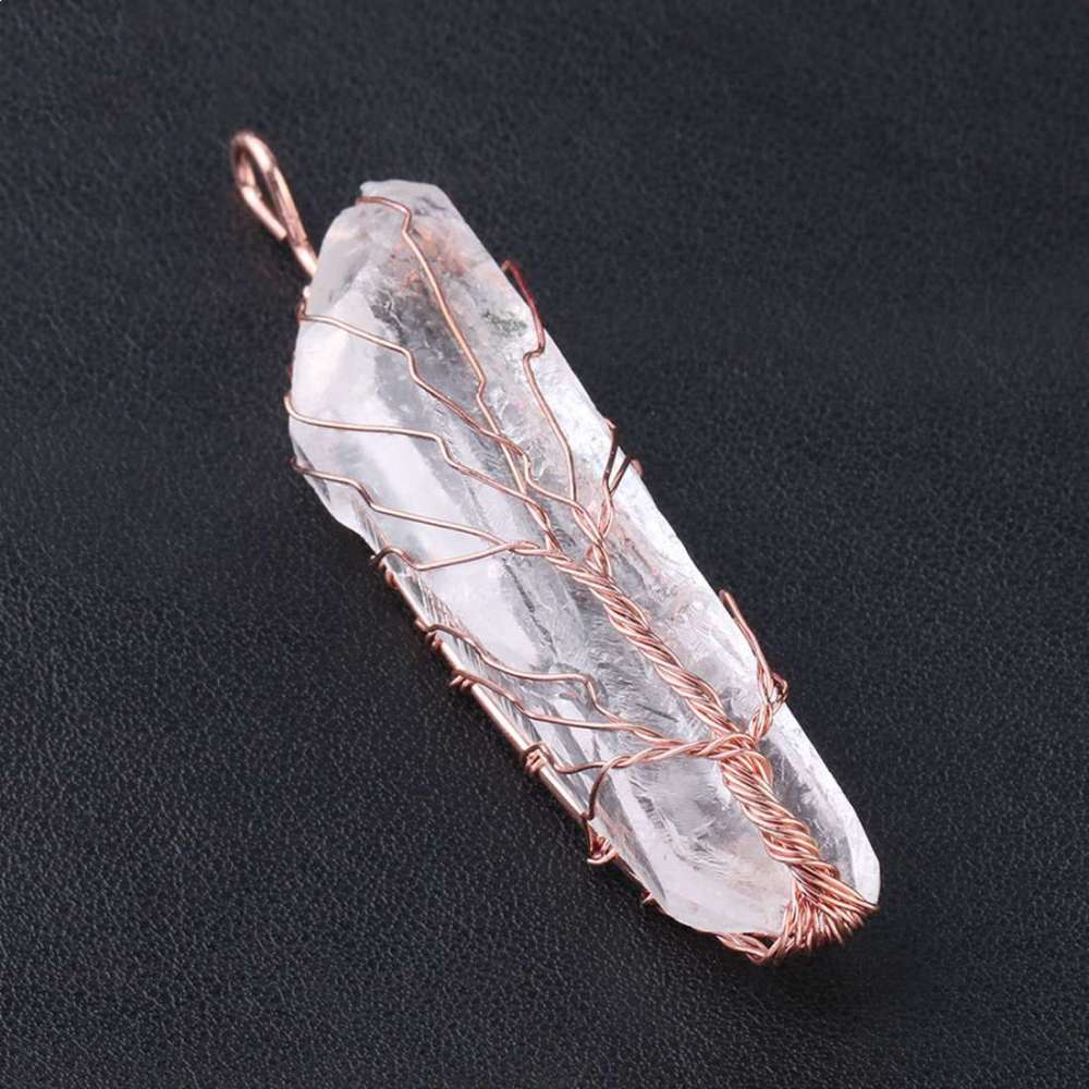 Handmade Tree of life Wrapped Natural Raw  Druzy Crystal Pillar Charm Pendant