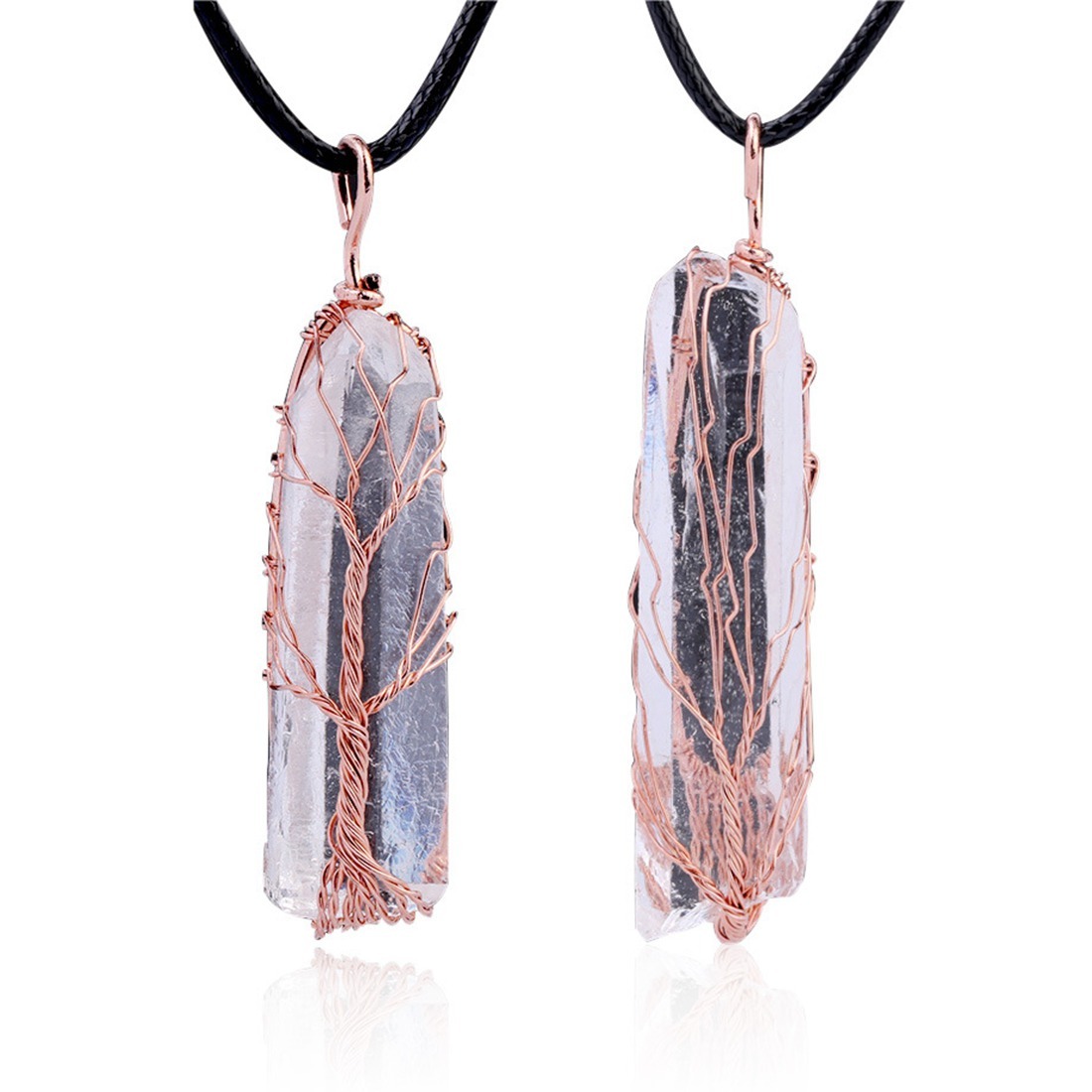 Handmade Tree of life Wrapped Natural Raw  Druzy Crystal Pillar Charm Pendant