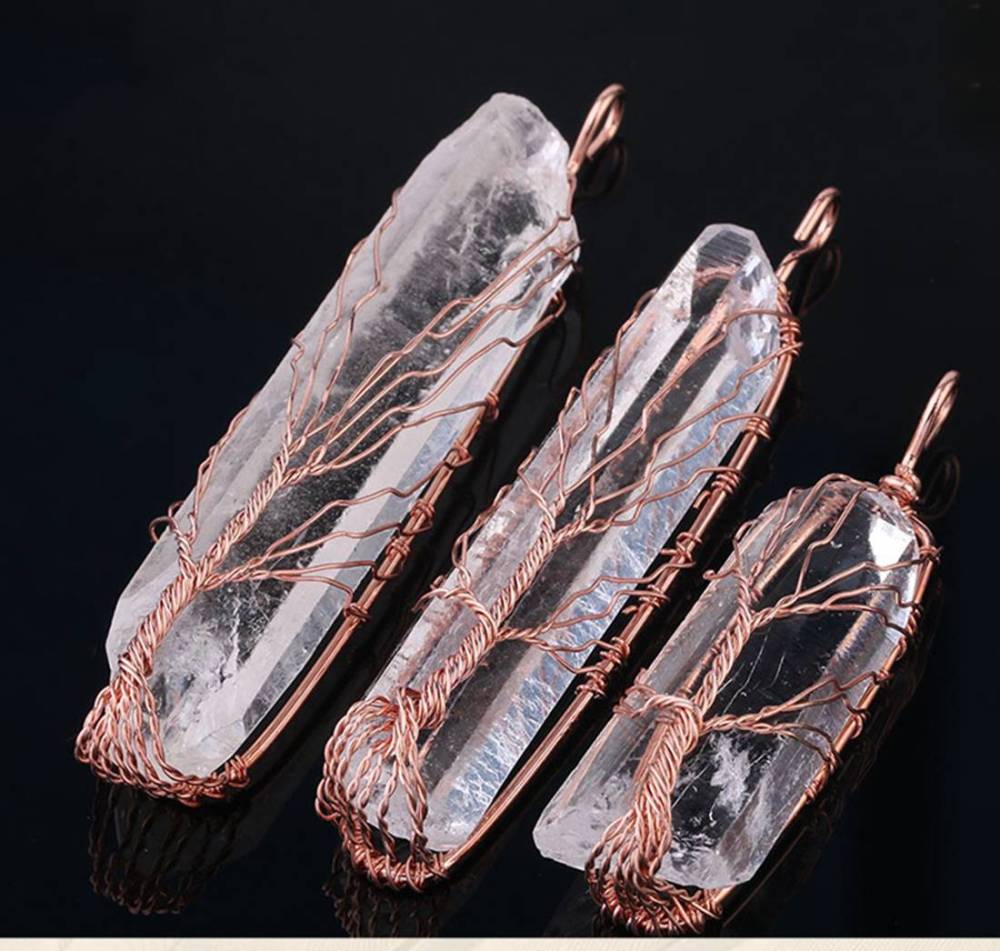 Handmade Tree of life Wrapped Natural Raw  Druzy Crystal Pillar Charm Pendant