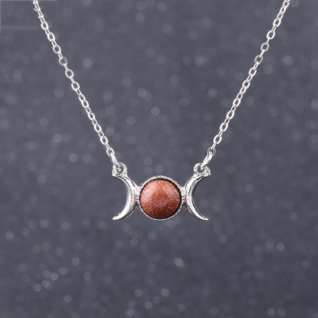 Natural  Crescent Moon Solar Stone Pendant Necklace