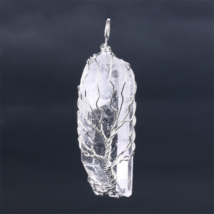 Handmade Tree of life Wrapped Natural Raw  Druzy Crystal Pillar Charm Pendant