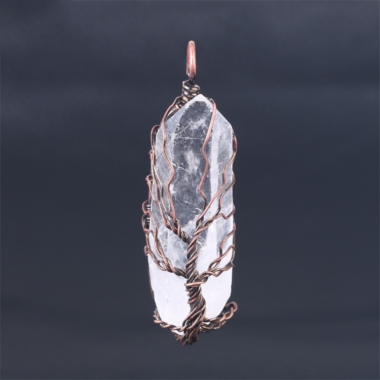 Handmade Tree of life Wrapped Natural Raw  Druzy Crystal Pillar Charm Pendant
