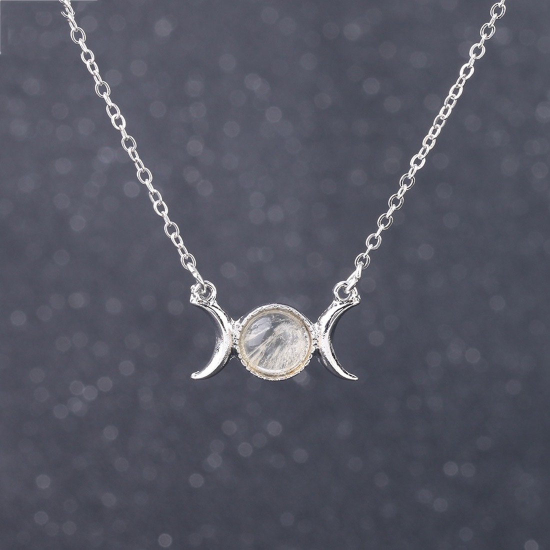Natural  Crescent Moon Solar Stone Pendant Necklace