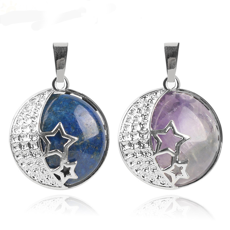 Natural Gemstones Moon and Star Healing Crystal Chakra Pendant