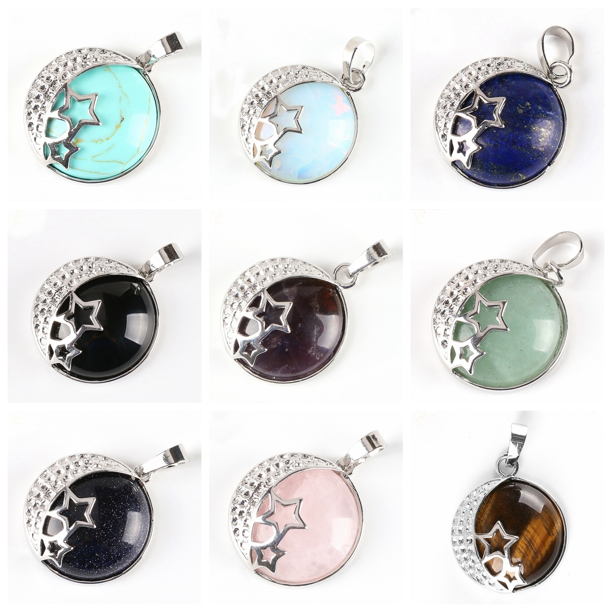 Natural Gemstones Moon and Star Healing Crystal Chakra Pendant