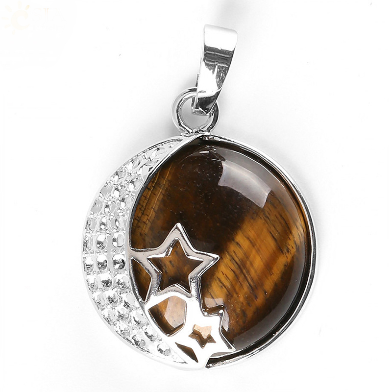 Natural Gemstones Moon and Star Healing Crystal Chakra Pendant
