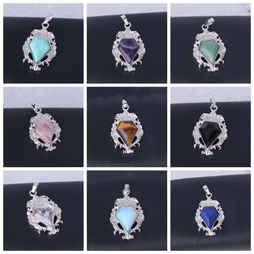 Silver Alloy Natural Faceted Diamond Gemstone Mirror Pendant