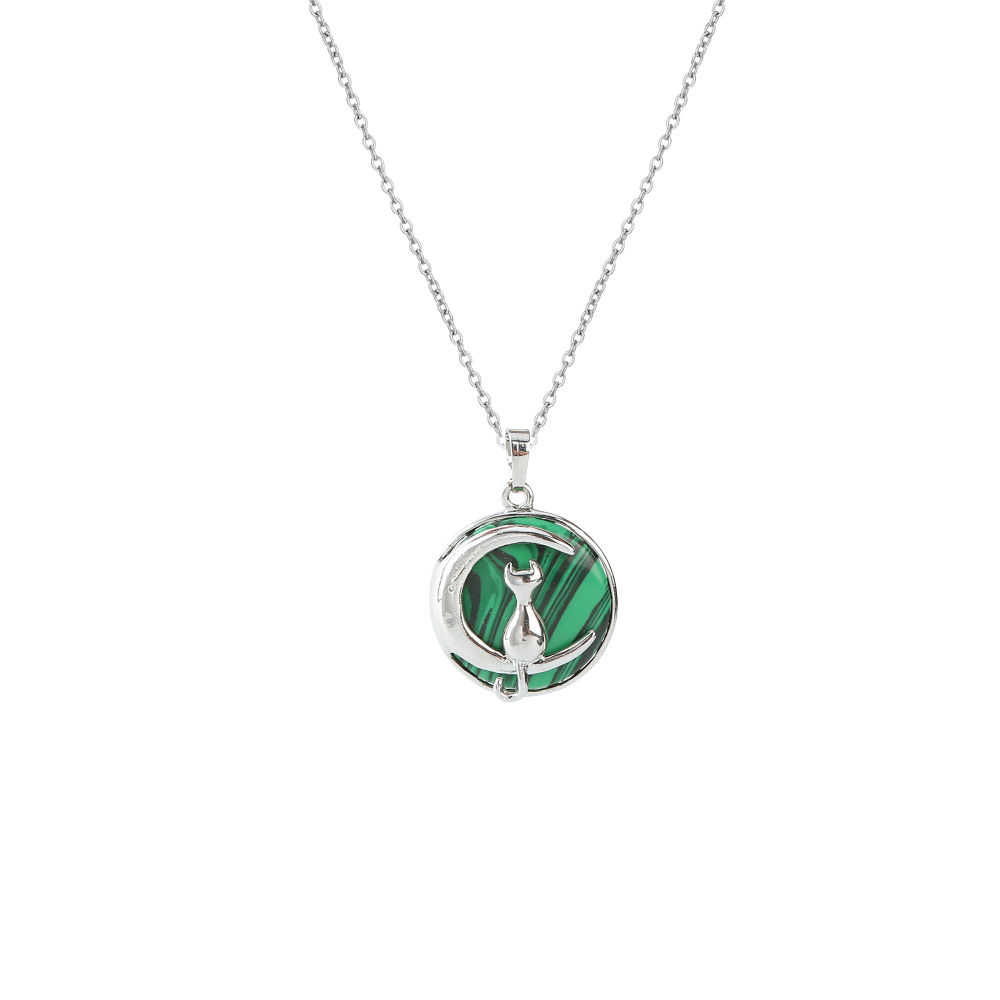 Natural Round Gemstone Chakra Healing Crystal Pendant Silver Cat Jewelry for Womens Girls
