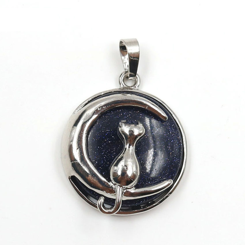 Natural Round Gemstone Chakra Healing Crystal Pendant Silver Cat Jewelry for Womens Girls