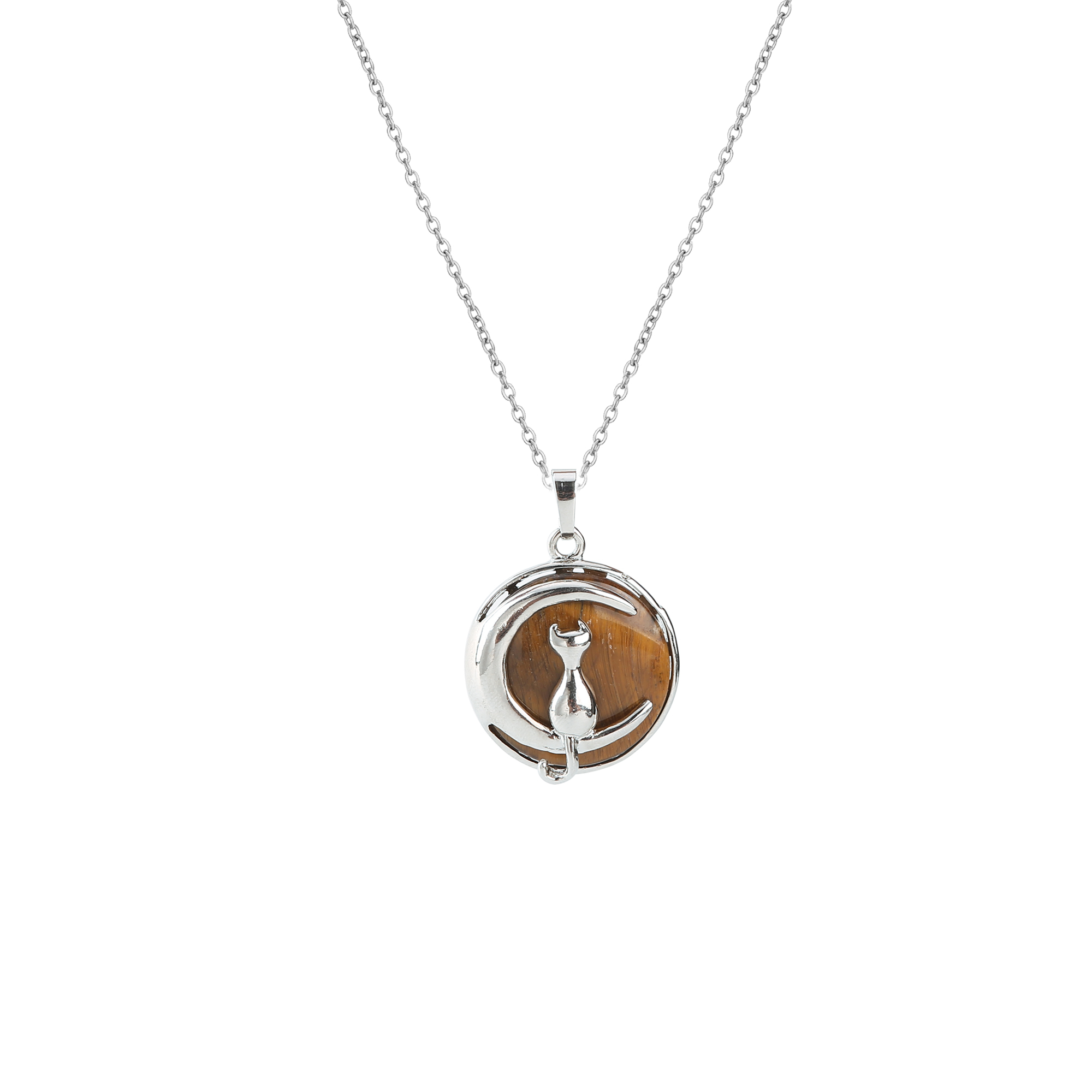 Natural Round Gemstone Chakra Healing Crystal Pendant Silver Cat Jewelry for Womens Girls