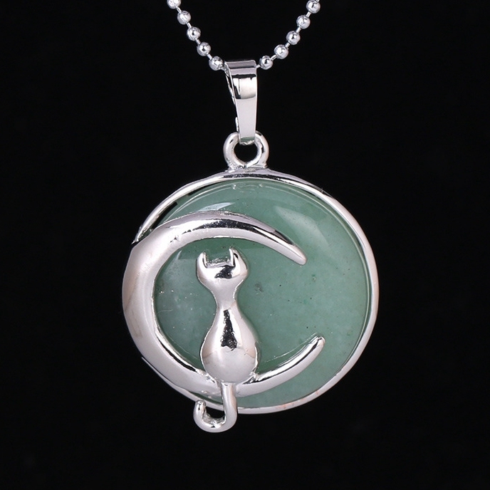 Natural Round Gemstone Chakra Healing Crystal Pendant Silver Cat Jewelry for Womens Girls