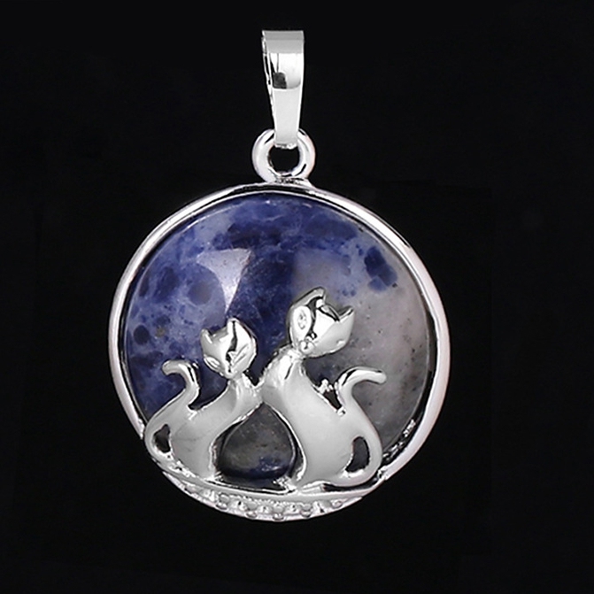 Natural Round Gemstone Chakra Healing Crystal Pendant Couples Silver Cat Jewelry for Womens Girls