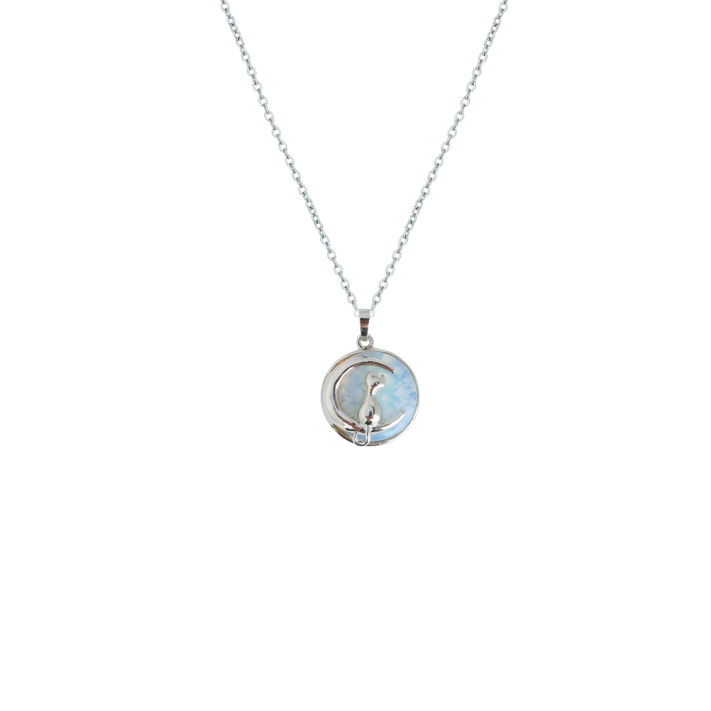 Natural Round Gemstone Chakra Healing Crystal Pendant Silver Cat Jewelry for Womens Girls