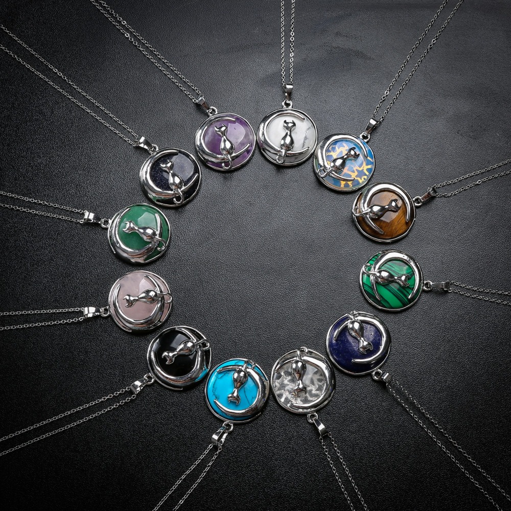 Natural Round Gemstone Chakra Healing Crystal Pendant Silver Cat Jewelry for Womens Girls