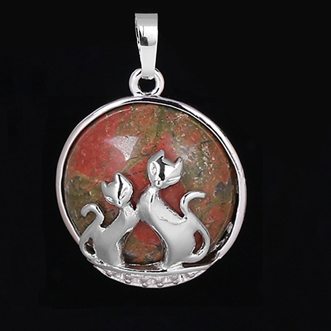 Natural Round Gemstone Chakra Healing Crystal Pendant Couples Silver Cat Jewelry for Womens Girls