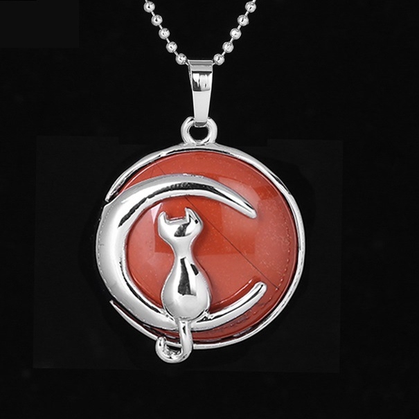 Natural Round Gemstone Chakra Healing Crystal Pendant Silver Cat Jewelry for Womens Girls