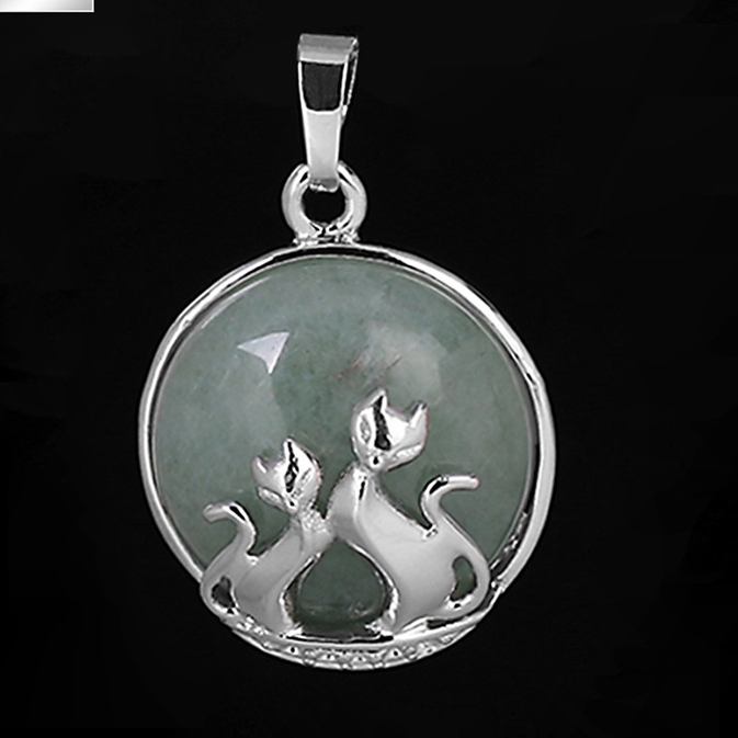 Natural Round Gemstone Chakra Healing Crystal Pendant Couples Silver Cat Jewelry for Womens Girls