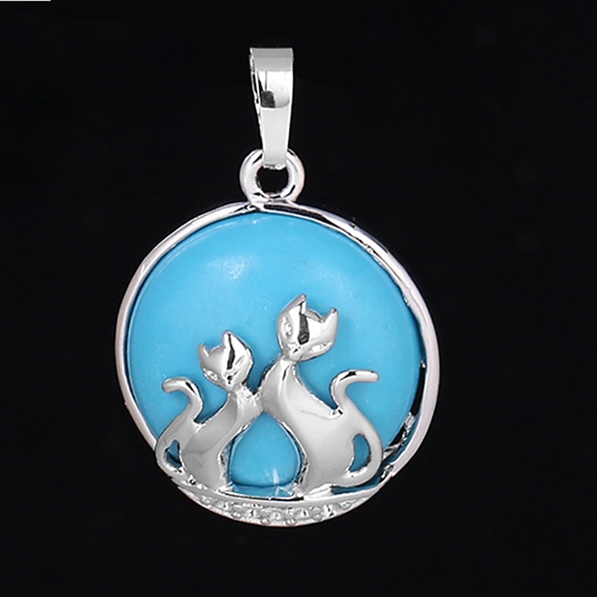 Natural Round Gemstone Chakra Healing Crystal Pendant Couples Silver Cat Jewelry for Womens Girls