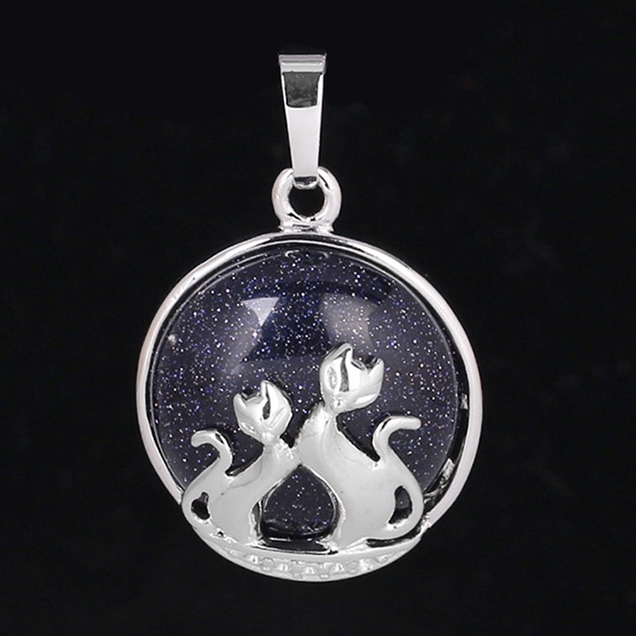 Natural Round Gemstone Chakra Healing Crystal Pendant Couples Silver Cat Jewelry for Womens Girls