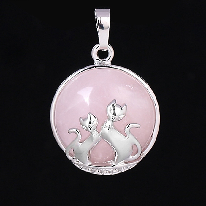 Natural Round Gemstone Chakra Healing Crystal Pendant Couples Silver Cat Jewelry for Womens Girls