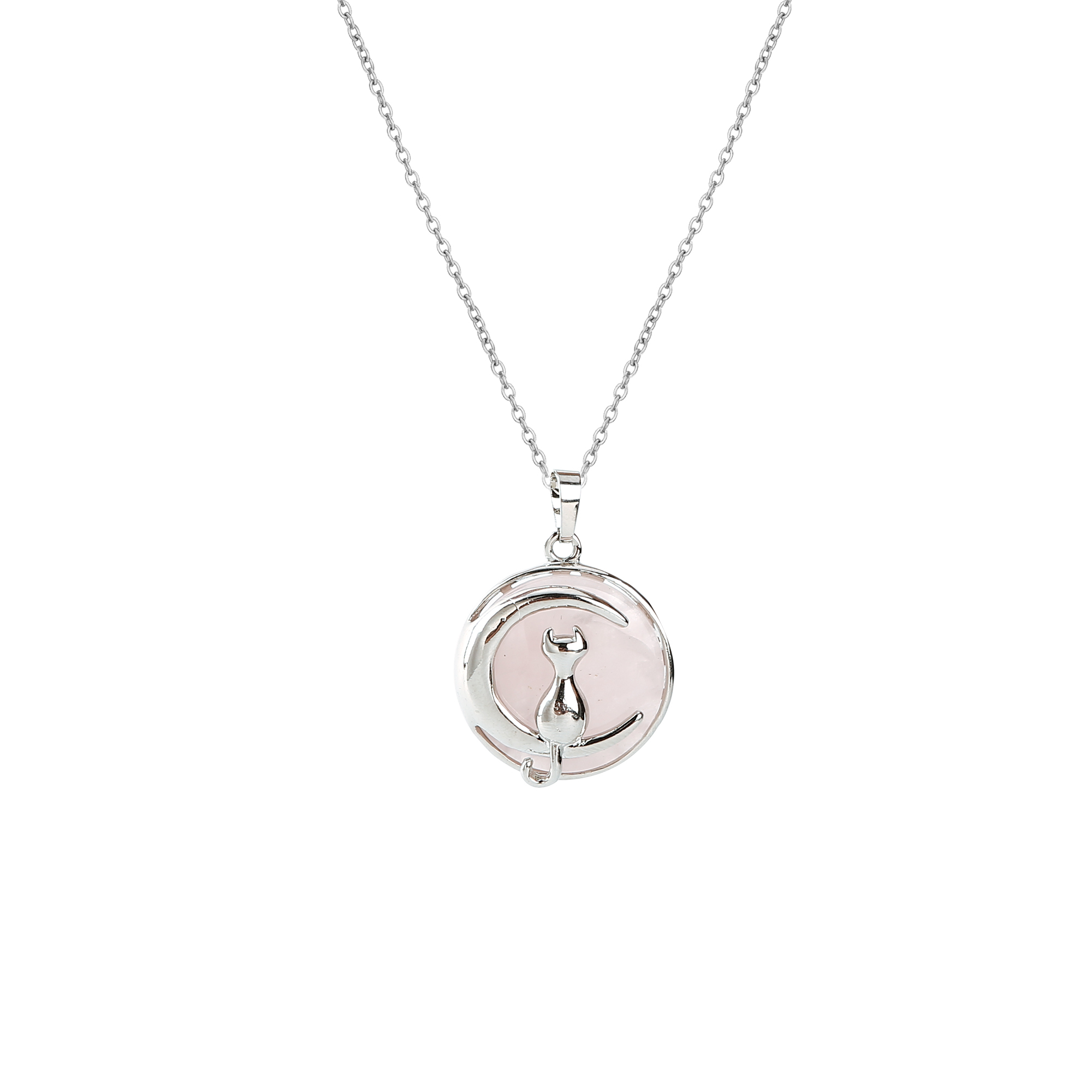 Natural Round Gemstone Chakra Healing Crystal Pendant Silver Cat Jewelry for Womens Girls