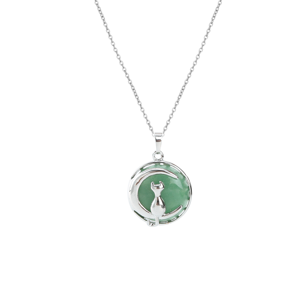 Natural Round Gemstone Chakra Healing Crystal Pendant Silver Cat Jewelry for Womens Girls