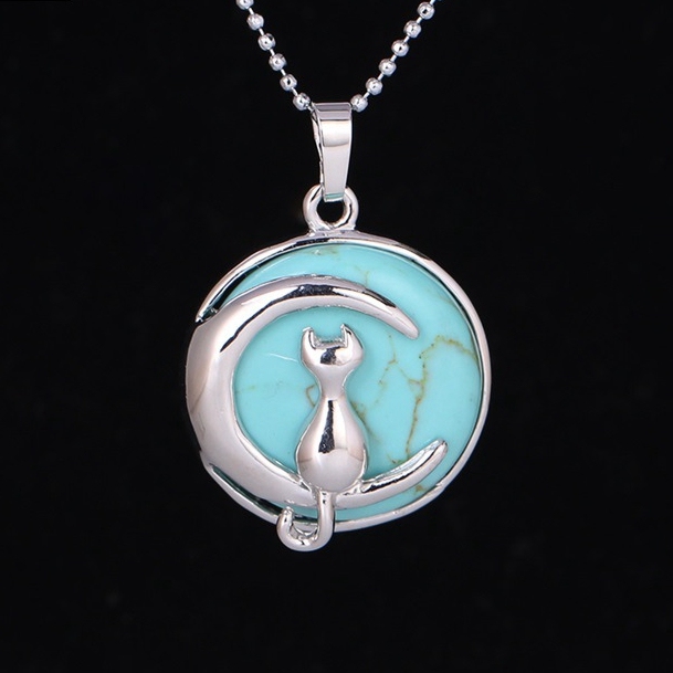 Natural Round Gemstone Chakra Healing Crystal Pendant Silver Cat Jewelry for Womens Girls