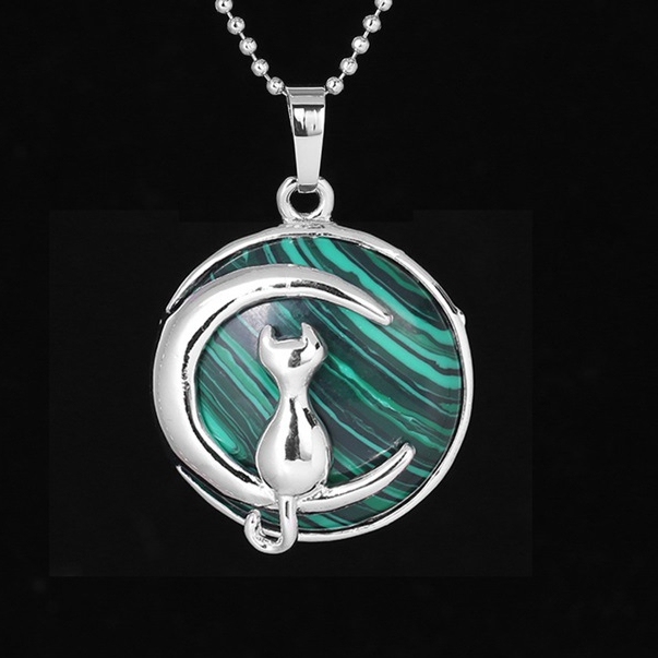 Natural Round Gemstone Chakra Healing Crystal Pendant Silver Cat Jewelry for Womens Girls