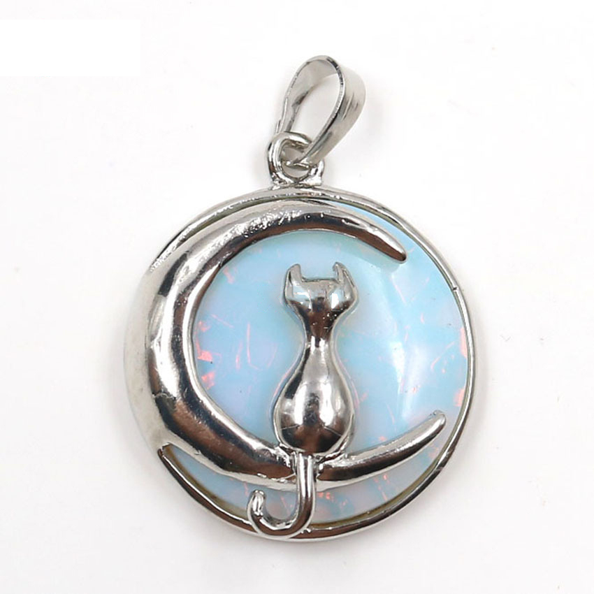 Natural Round Gemstone Chakra Healing Crystal Pendant Silver Cat Jewelry for Womens Girls