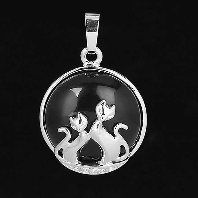 Natural Round Gemstone Chakra Healing Crystal Pendant Couples Silver Cat Jewelry for Womens Girls