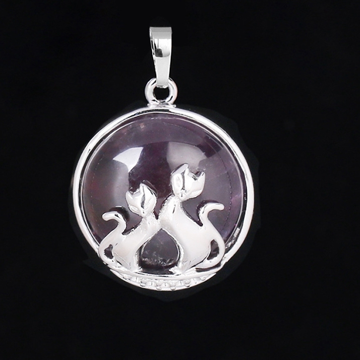 Natural Round Gemstone Chakra Healing Crystal Pendant Silver Cat Jewelry for Womens Girls