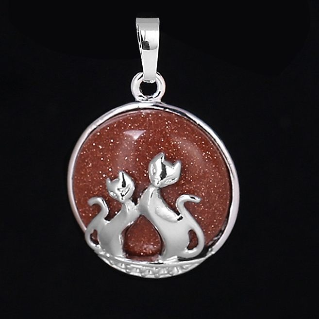 Natural Round Gemstone Chakra Healing Crystal Pendant Couples Silver Cat Jewelry for Womens Girls