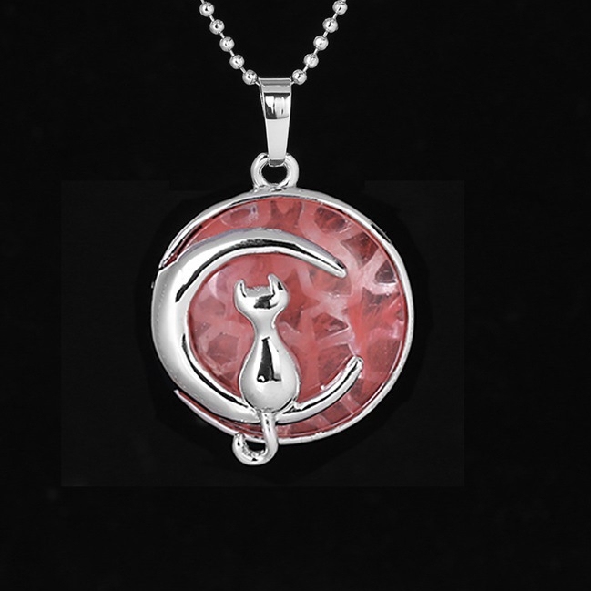 Natural Round Gemstone Chakra Healing Crystal Pendant Silver Cat Jewelry for Womens Girls