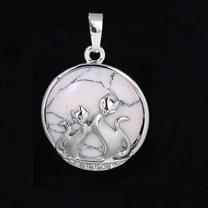 Natural Round Gemstone Chakra Healing Crystal Pendant Couples Silver Cat Jewelry for Womens Girls