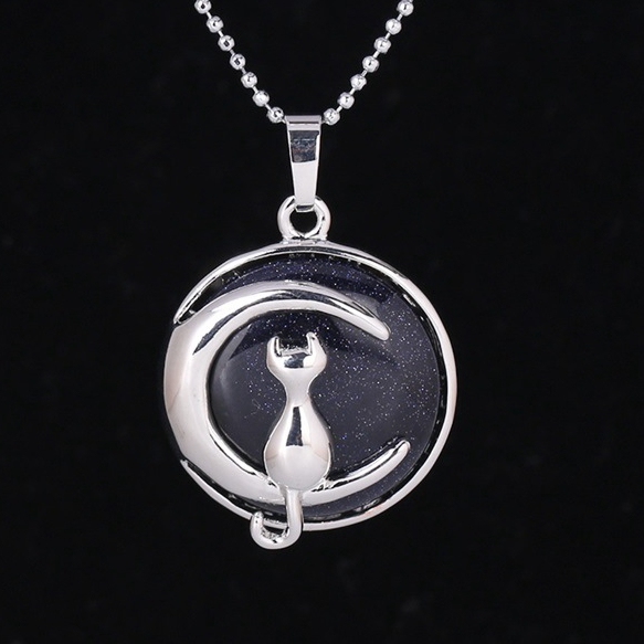 Natural Round Gemstone Chakra Healing Crystal Pendant Silver Cat Jewelry for Womens Girls