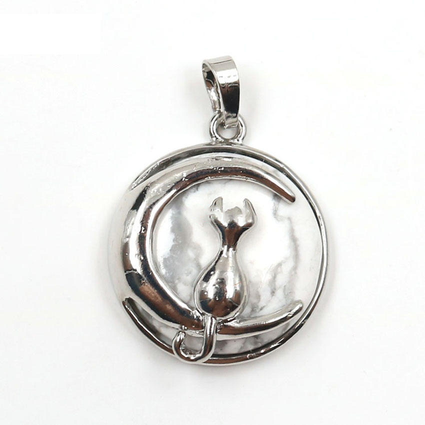 Natural Round Gemstone Chakra Healing Crystal Pendant Silver Cat Jewelry for Womens Girls