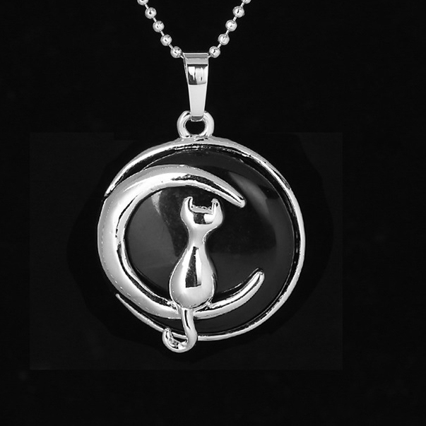 Natural Round Gemstone Chakra Healing Crystal Pendant Silver Cat Jewelry for Womens Girls