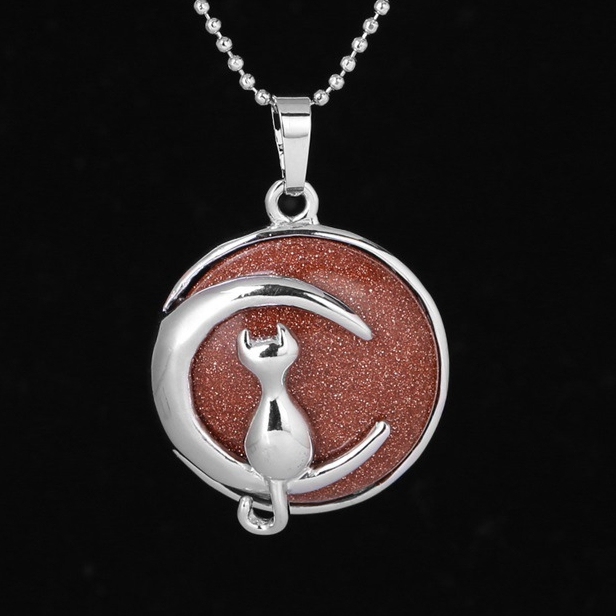 Natural Round Gemstone Chakra Healing Crystal Pendant Silver Cat Jewelry for Womens Girls