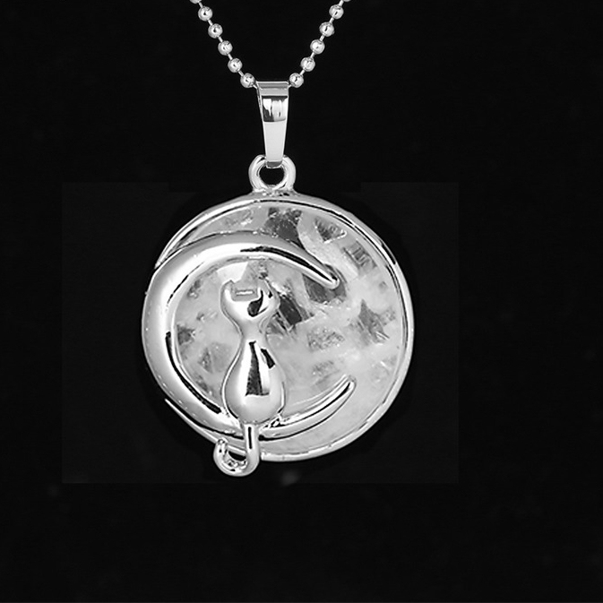 Natural Round Gemstone Chakra Healing Crystal Pendant Silver Cat Jewelry for Womens Girls