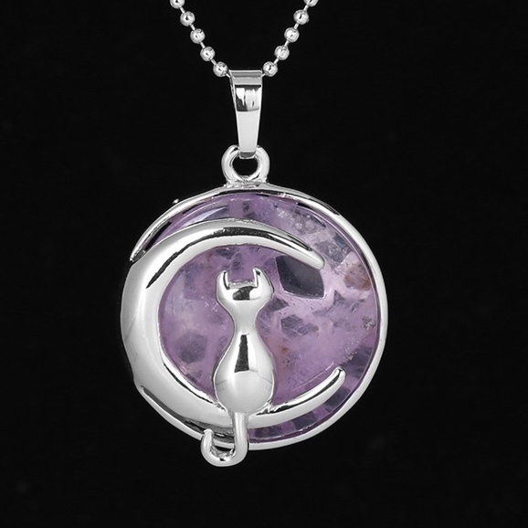Natural Round Gemstone Chakra Healing Crystal Pendant Silver Cat Jewelry for Womens Girls